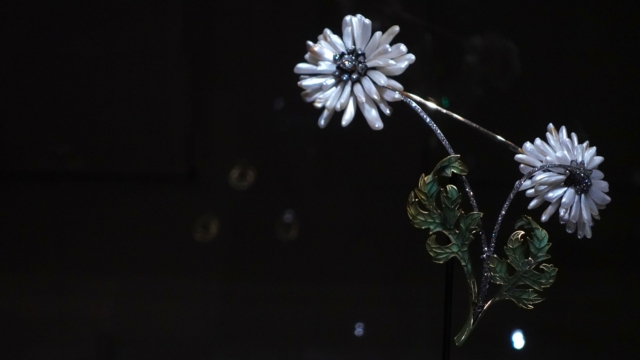 Photo of an Art Nouveau brooch with two white flowers made of real pearls, on a stem of green enameled metal.