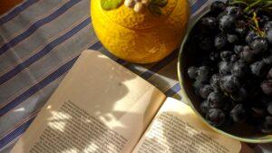An open book, black grapes in a bowl and a ceramic lemon bowl
