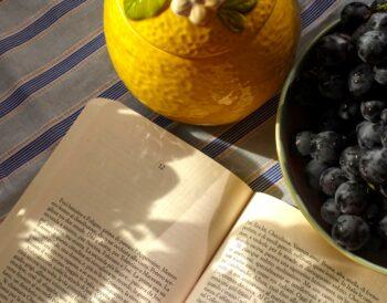 An open book, black grapes in a bowl and a ceramic lemon bowl