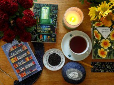 autumn books, candle, chrysanthemums and knitting with a cup of tea, ambiance shot