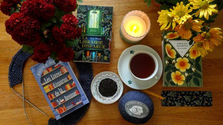 autumn books, candle, chrysanthemums and knitting with a cup of tea, ambiance shot