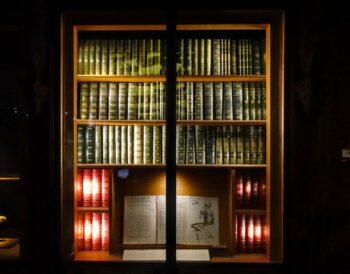 antique bookcase with leather bound collection of classics under dim light