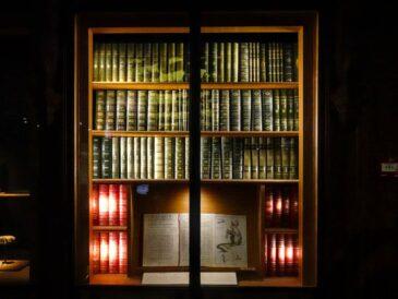 antique bookcase with leather bound collection of classics under dim light