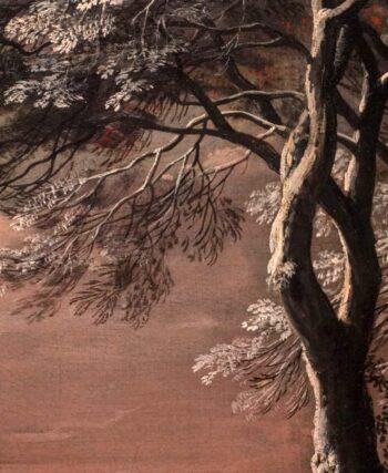 Detailed view of a snowy 16th-century Belgian village scene in a Flemish winter painting.