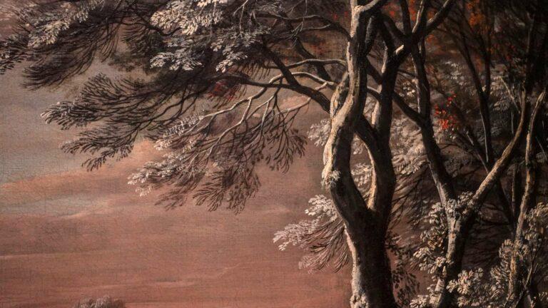 Detailed view of a snowy 16th-century Belgian village scene in a Flemish winter painting.