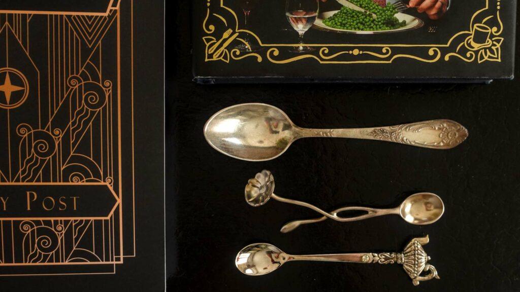 Three different styles of silver spoons, illustrating the evolution of etiquette in civilisation.